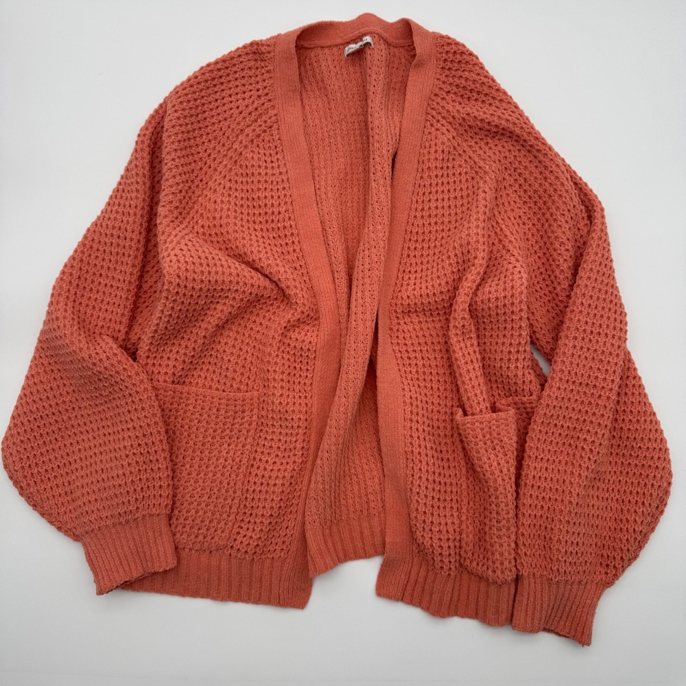 American Eagle Women Cozy Coral Waffle Knit Open Front Cardigan Sweater Medium
